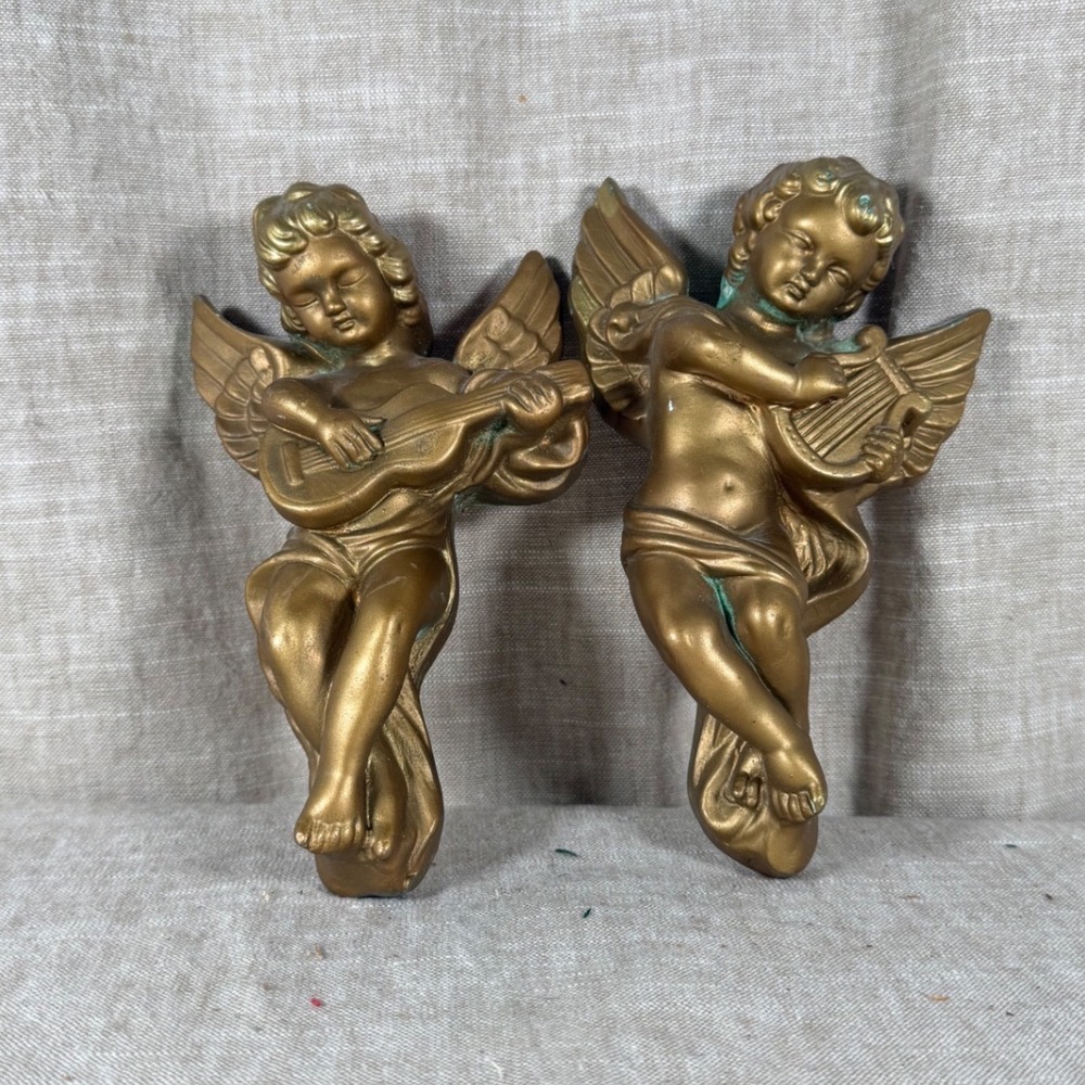 Cherub Wall Hanging Set Good Vintage Gold Plated Chalkware Musical Angels 8.5"
